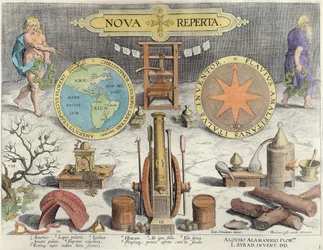 Frontispício de Nova Reperta, gravado por Theodor Galle (1571-1633) c.1600 (posterior coloração)